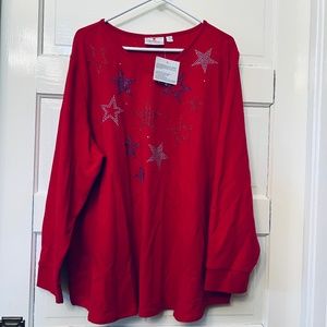 Quacker Factory 4th of July Patriotic Long Sleeve Shirt Red White Blue 2x NWT